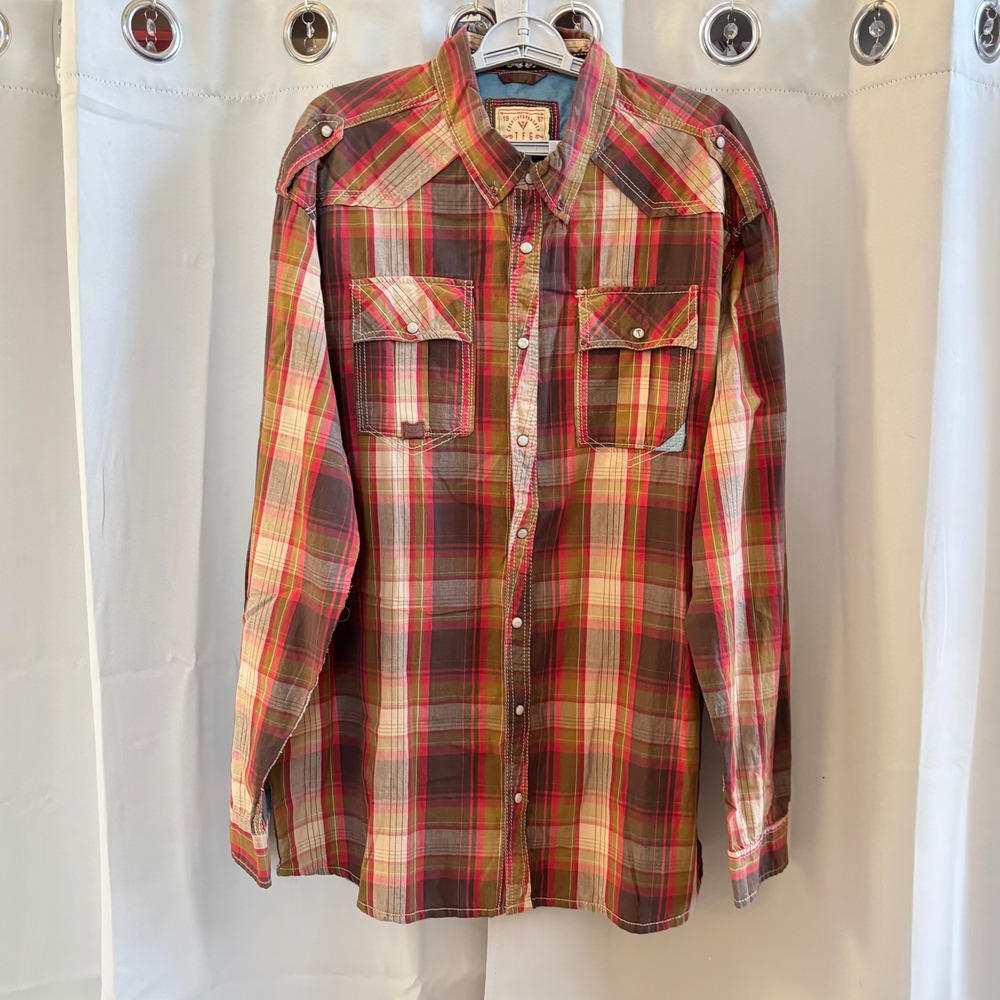 TFG Mens Western Shirt Plaid Long Sleeve Button Down Snap Logo Rodeo 19492